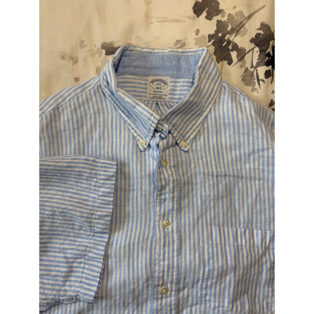 Brooks Brothers 1818 Regent 100% Linen Short Sleeve Shirt Blue White Stripe XXL